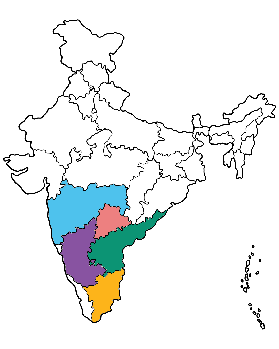 India map with Telangana, Andhra Pradesh, Karnataka, Tamil Nadu and Maharashtra highlighted